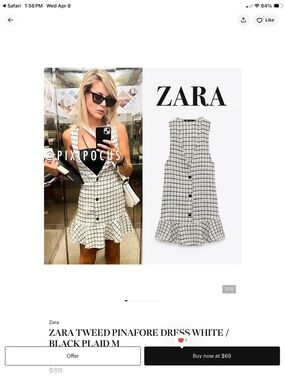 Zara Black & White Plaid Tweed Pinafore Mini Dress